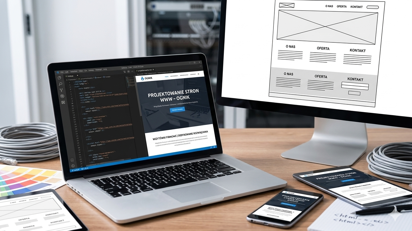 Mockup responsywnej strony internetowej na laptopie, tablecie i smartfonie